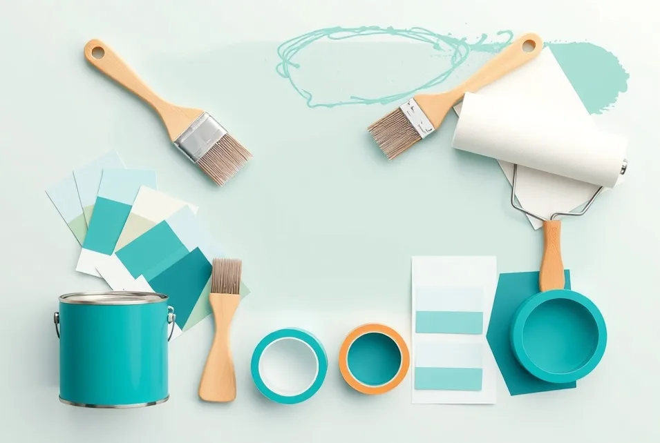 Pots de peinture, nuancier, brosses et rouleaux disposés à plat