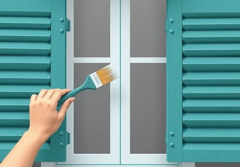 Mise en peinture au pinceau de volets et d'encadrements en bois