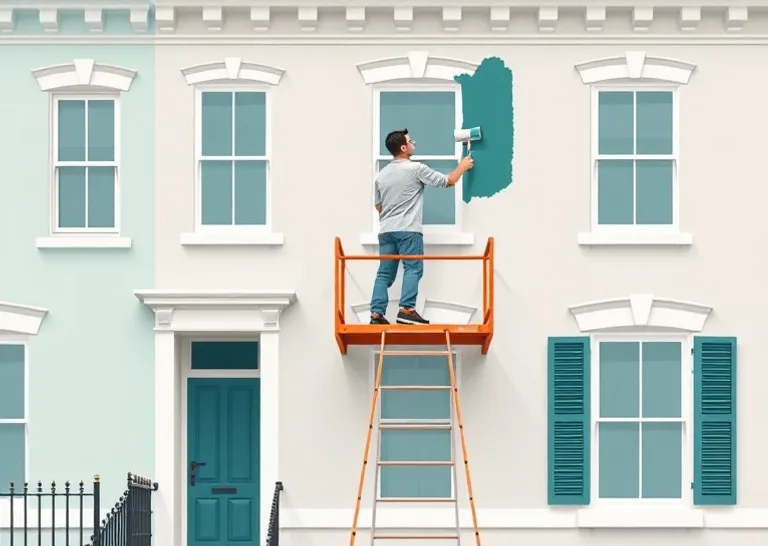 Peintre sur échafaudage traitant la façade d'une maison