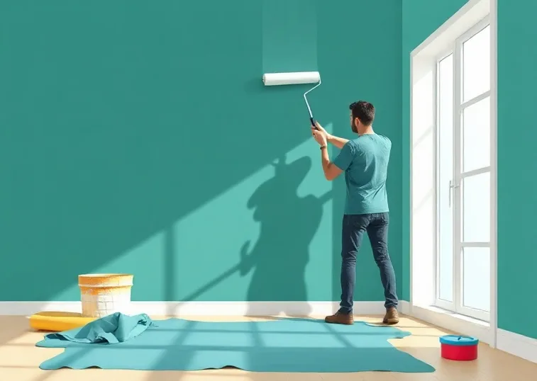 Peintre appliquant la peinture au rouleau sur un mur de salon